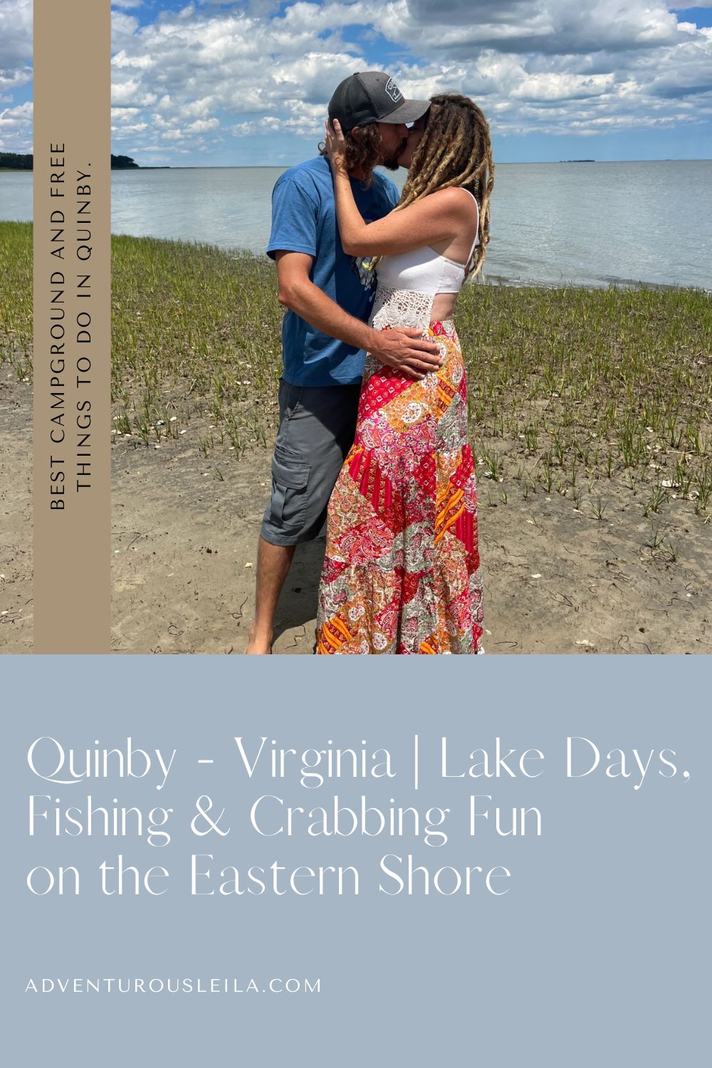 Cover photo for the best campgrounds and free things to do in Quinby, Virginia featuring a couple on a date at the beach by Leila of Adventurous Leila Blog.